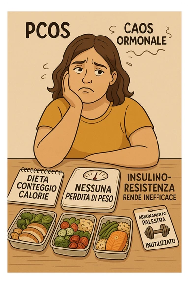 "Desperate woman with PCOS following standard calorie-counting diet, scale showing no weight loss despite strict adherence, expression of confusion and defeat, meal prep containers with healthy foods, insulin resistance making normal dieting ineffective, hormonal chaos overriding caloric deficit principles, gym membership unused due to lack of results scritte in italiano sticker