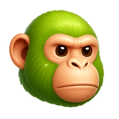 Create a chimpanzee emoji that looks exactly like the reference image in iOS emoji style. The emoji should have 3D appearance, shiny surface, smooth gradients, soft shadows, and realistic green fur on the chimpanzee face with a classic emoji look. Add a subtle highlight to the fur. sticker
