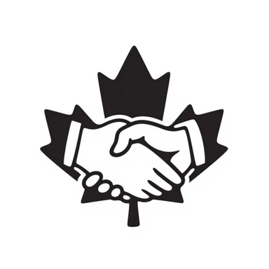 emblem representing a Canadian union, featuring a maple leaf and handshake, hand-drawn doodle style sticker