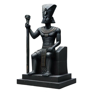 Osiris crook and flail obsidian statue on granite 30 ton brick, massive size, sunlight behind, sunset colors, reflections on black stone polished clean perfect, photography angles sticker