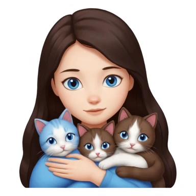 a girl with long dark 
brown hair, with blue eyes, hugs 3 different natural coloured cats sticker