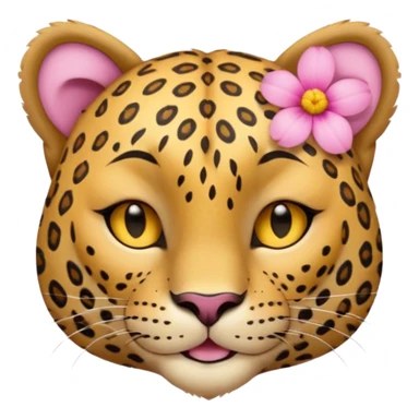 eyes closed, A leopard with peaceful smile, A pink flower with a yellow center is tucked behind its right ear
 sticker