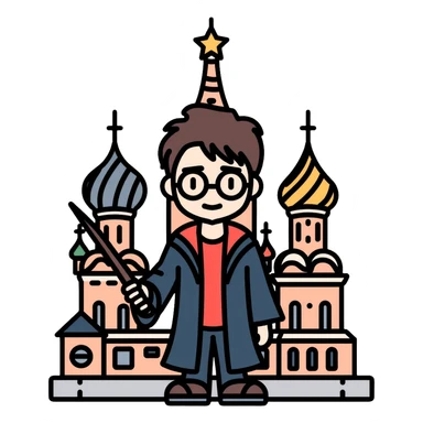 Harry Potter with glasses, lightning scar, and wand standing in front of St. Basil's Cathedral in Russia sticker