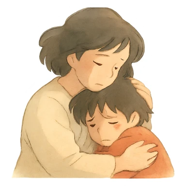 mother hugging a sad child, soft colors, emotional scene sticker