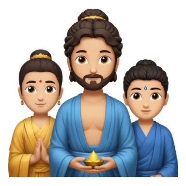 Create a Jesus, Krishna, and Buddha standing together. Buddha: warm golden or light tan skin, dark curled hair with a traditional top bun (ushnisha), half-closed meditative eyes

 sticker