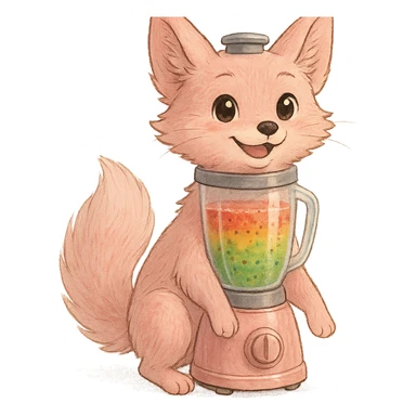 premium full-body ghibli style pastel pink fox as a blender, soft fluffy fur, transparent body showing colorful realistic smoothie inside, big sparkling eyes, gentle happy face, joyful pose, highly detailed sticker