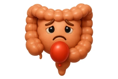 EMOJI STILE IPHONE DI un intestino triste con palloncino rosso sulla pancia, IPERREALISTICO 4K sticker