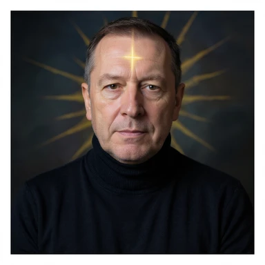 Vertical portrait of a man's face in a realistic style with a meditative expression. Include symbols of energy radiating from the face. The atmosphere should convey deep regeneration during fasting. sticker