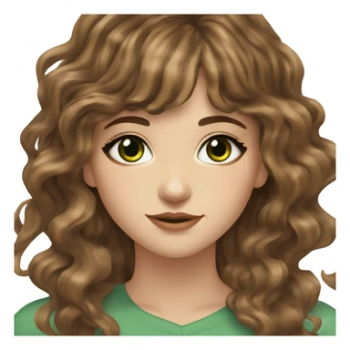 White girl green eyes with long wavy brown hair with brown highlights balayage bangs sticker