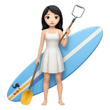 Princess who wearing white dress (woman) black hair holding her phone and long shovel with another hand. She is standing on her feet, there is one blue surfing board. sticker