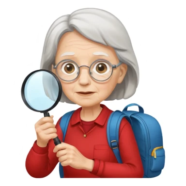 Explorer old woman with red shirt backpack and magnifying glass sticker