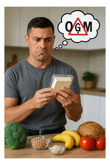 un uomo in cucina tiene in mano una confezione di soia o tofu, osservandola con un’espressione scettica e preoccupata. Sopra la confezione, una nuvoletta di pensiero mostra la scritta “OGM” evidenziata in rosso, accompagnata da un simbolo di allarme o un punto interrogativo. Sullo sfondo, altri alimenti naturali sono visibili sul tavolo, sottolineando la sua preferenza per prodotti non OGM. sticker