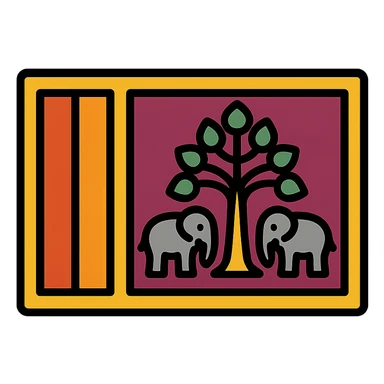 flag with red and yellow stripes, central syrissa tree, elephants flanking the tree, bold iconic style sticker
