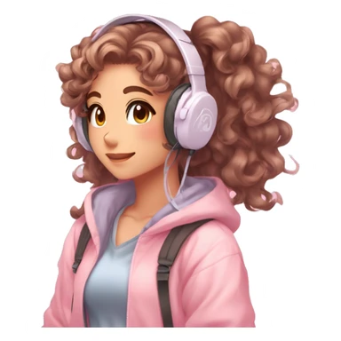 TAN SKIN GAMER GIRL WITH LONG BROWN CURLY HAIR gamingheadset pink kawaii gamer shiny blushing cute kawaii pastel anime trending style pink gaming headset gamergirl pastelcore sticker