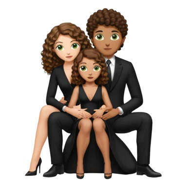 Sensual woman green eyes brown long curly hair evil occult,with 7 inch platform stripper high heels long low cut black dress, holding a tan man, sitting on a buzz cut hair brownman’s pimp lap, holdingwomans butt man is wearing a black suit sticker