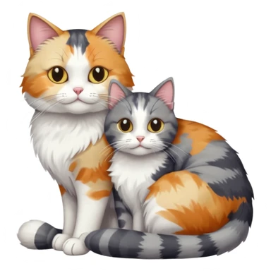 full body colourful light patched calico + white tabby cat cuddling a grey and white cat  sticker