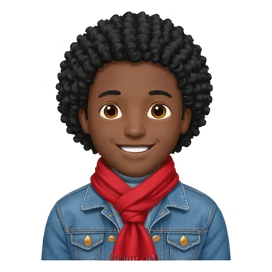 black skin man, curly black hair wear red scraft, jean jacket sticker