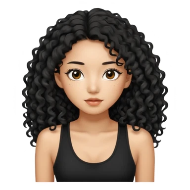 Korean woman with black cute long curly hair  with a black top tank with long lashes sticker