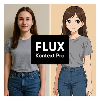 create before after image of a girl before is realsitic photo, after is anime version of her in same pose and clothes, add logo with text of a "FLUX Kontext Pro" in middle in big, black background sticker