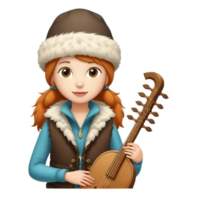 "Girl 👩🏻‍🦱 in fur hat 👒🦊 and vest 🧥, standing in snow ❄️🌲, holding a Bashkir dombyra 🎶 (long-necked two-string folk instrument). Emoji style." sticker