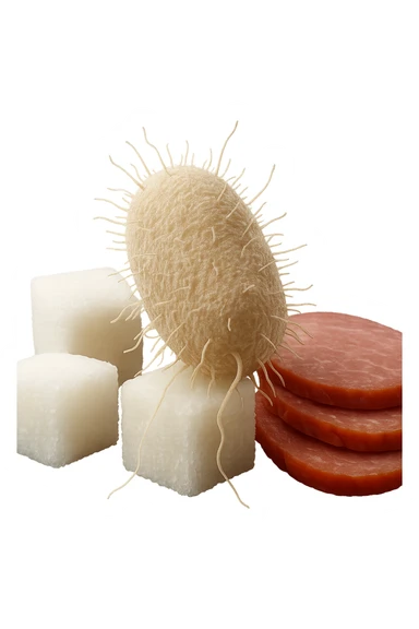un batterio della candida si nutre di zollette di zuccheri e fettine di carne, IPERREALISTICO 4K sticker