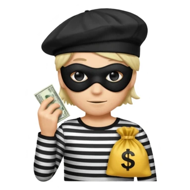 a short ios emoji-style portrait of a classic burglar, a black eye mask (looks like a blindfold) and a black-and-white striped shirt. emoji-like hair, black hat, ONE bag of money 💰 with a dollar sign in a right corner sticker
