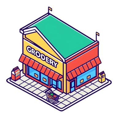 Isometric grocery store with shoppers, food shelves, and checkout area sticker