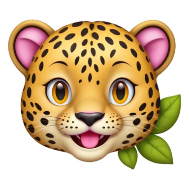 A leopard with big smile. A pink flower with a yellow center is tucked behind its right ear, no tongue
 sticker