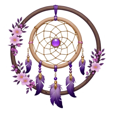 A white-wooden-circle-framed Dreamcatcher, with purple-round-orb-stones, gold-ring-accents, purple tint flowers, pink sakura flowers, sticker
