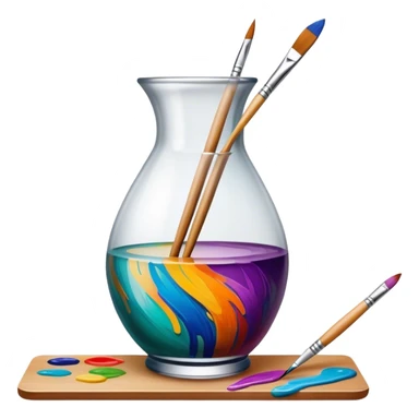 Glass painting icon, colorful brushstrokes on a glass vase, intricate painted patterns on the surface, visible fine paintbrush and palette beside it, no liquid inside the vase, minimalistic style, clean lines, transparent background. sticker