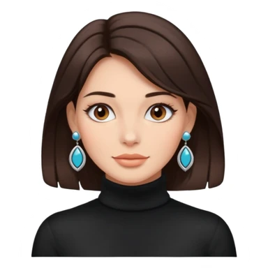 woman with deep brown hair, comfy turtleneck, modern accessories, earrings, necklace sticker