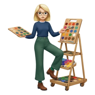 Fille blonde, pantalon ample vert foncé. Lunettes ronde fine. Bottines marrons. Elle pousse une palette remplie de chaussettes  sticker