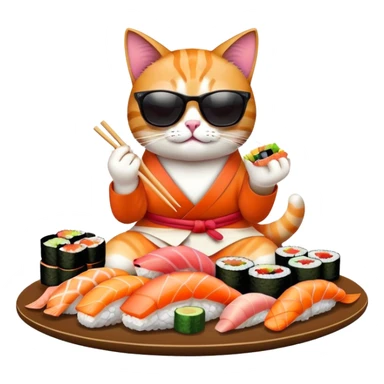 cool cat wearing sunglasses eating a big pile of colorful sushi pieces, stylish cat enjoying sushi sticker