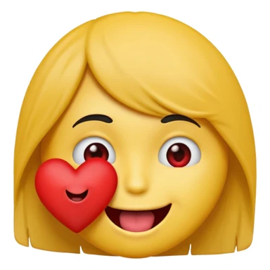 yellow emoji face holding a heart and hes so happy with emo hair covering one eye so happy with teeth and tongue sticker