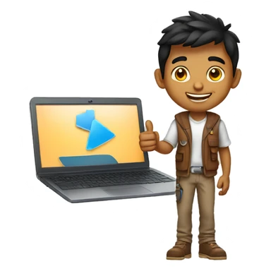 indian college boy holding laptop thumbs up sticker