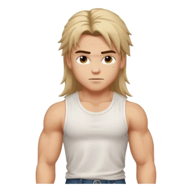 generate a pretty bratz boy with messy long mullet hair, sleeveless white tshirt, big biceps sticker