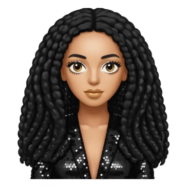 Solange with long black hair, black sequin outfit sticker