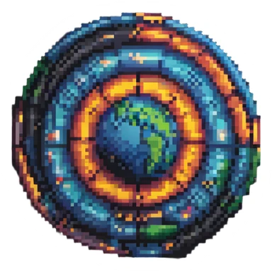 Turn this into a pixel art planet made of movie film strips, vibrant colors, circular shape. sticker