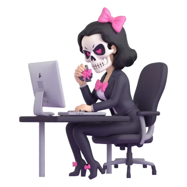 female Punisher skull character with pink bow working on computer sticker