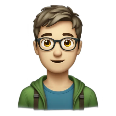 Chatty man, short hair, small thin glasses, blue-green eyes, with dark sweet, geeky sticker