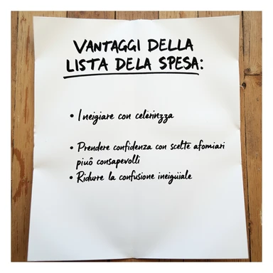 top view of a sheet of paper with handwritten text in pen: 'VANTAGGI DELLA LISTA DELLA SPESA: - Iniziare con chiarezza - Prendere confidenza con scelte alimentari più consapevoli - Ridurre la confusione iniziale', hyperrealism 4K, no background sticker