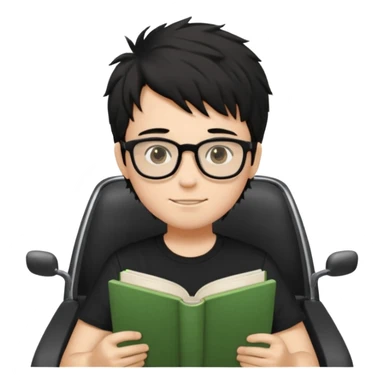 generate a pretty bratz fair skinned boy with black messy hair wearing a black tshirt driving. Glasses on. holding books sticker