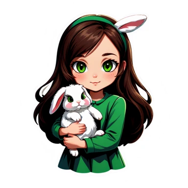 Long brown haired, green eyed girl holding a bunny. The bunny has floppy ears. The bunny has dark grey fur. sticker