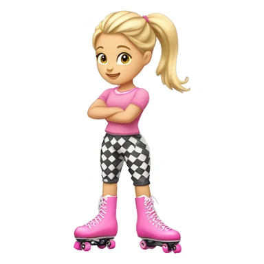 A girl with blonde hair a high ponytail checkered pants and pink rollerskates ￼ sticker