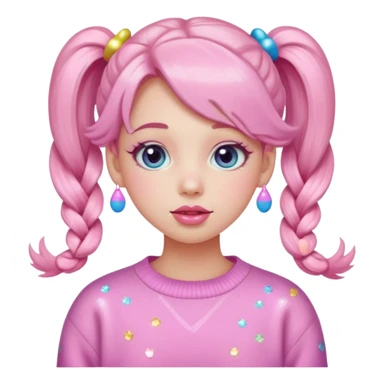 “Emoji girl, pastel pink blush, sparkly wide eyes, glossy bubblegum lips, hair in pigtails with colorful clips, oversized pastel sweater.” sticker