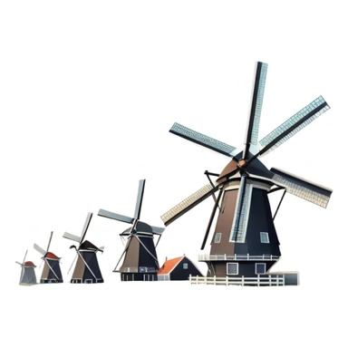 Cinematic Realistic Kinderdijk Windmills Landmark Emoji, depicted as a row of classic Dutch windmills set against a serene sky rendered with detailed textures and soft natural lighting. sticker