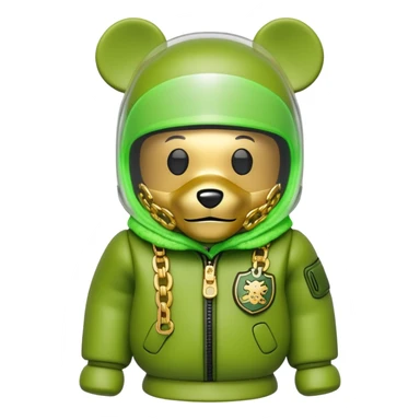 bearbrick wearing lime balaclava with graffiti logos where eye area is replaced by one continuous shield visor lens that's part of the mask, not separate eyewear, puffy coat with fur trim, gold chains sticker