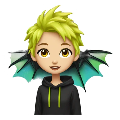 Lady with brunette and iridescent blue hair, gold, lime green dragon wings, black hoodie, bleach dyed, black and gold Nike t shirt, and bright red eyes sticker