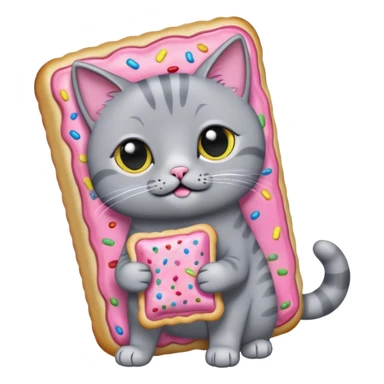 Gray Cat wearing a pink pop tart while there is rainbows coming from the pop tart sticker
