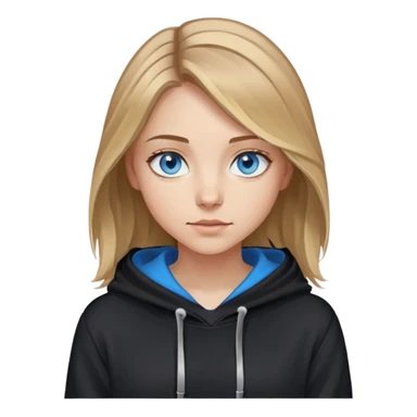girl with blue eyes, shoulder-length brown hair with blonde highlights, wearing a black hoodie sticker